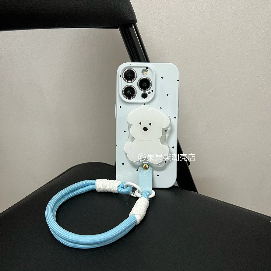 奶蓝色小狗支架苹果15promax手机壳带手绳iPhone13pro简约12小众