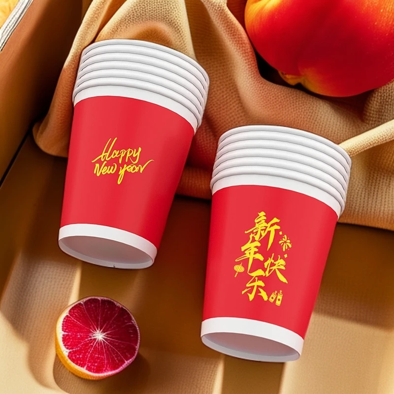 200只新年喜庆一次性纸杯红色家用环保待客水杯
