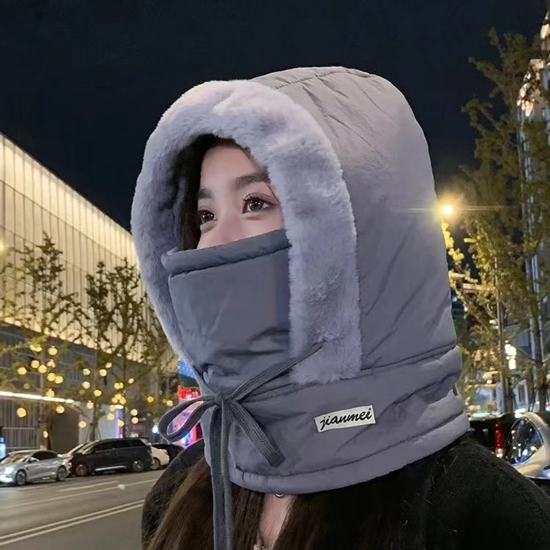 冬季保暖帽子围脖一体防风御寒百搭加厚保暖护颈套头户外骑行帽子