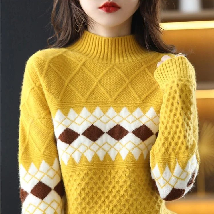 23秋冬重磅加厚【100羊绒】半高领宽松菱形提花套头打底衫毛衣 PB