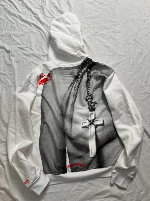 【全新未使用】克罗心ChromeHearts 白色十字架海报加绒 长袖帽衫