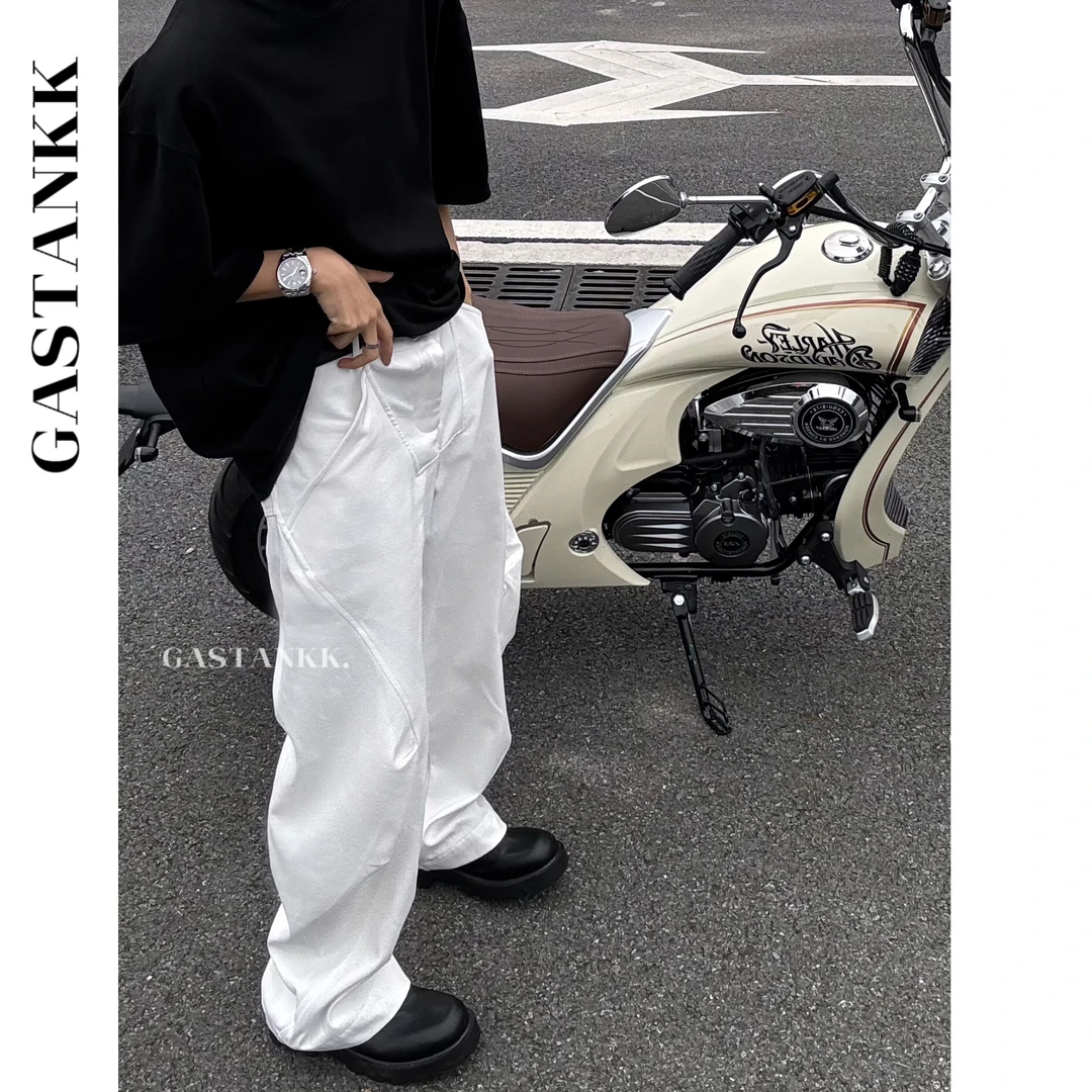 GASTANKK美式重磅褶皱弧形剪裁镰刀牛仔阔腿休闲裤白色牛仔裤