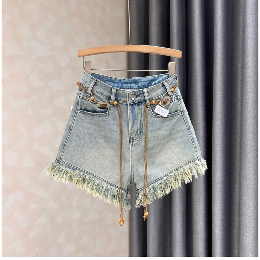 民族风复古毛边牛仔短裤女薄款2025新款夏季辣妹高腰a字阔腿热裤