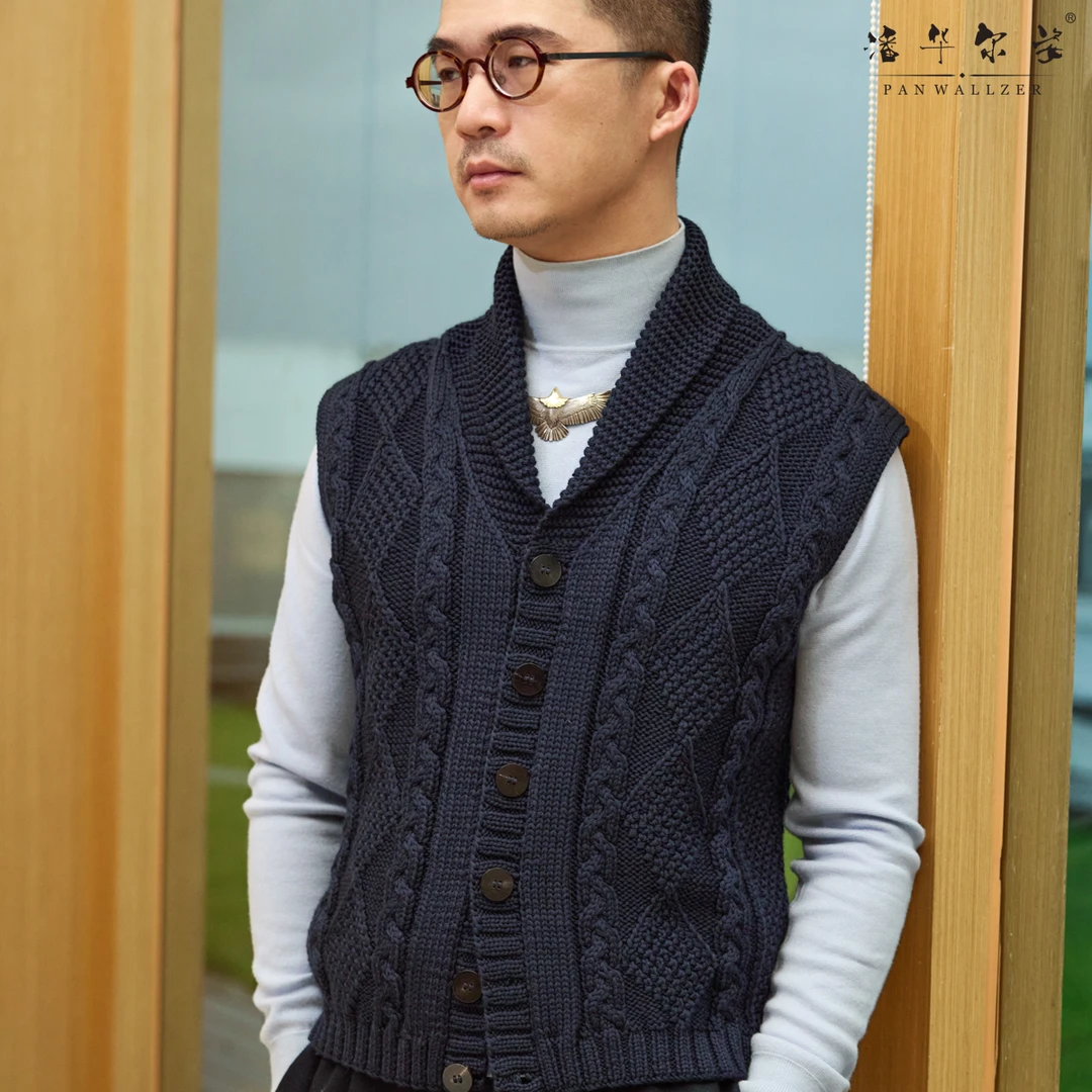 潘华尔姿秋冬手工编织高端定制高级感青果领马甲男复古时尚纯羊毛