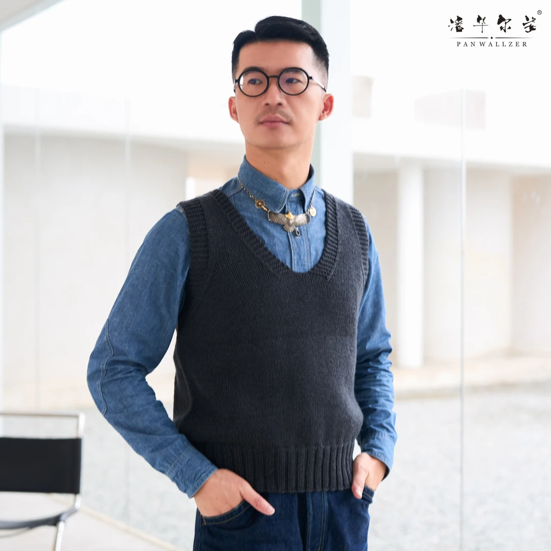 潘华尔姿高端定制手工编织背心毛衣秋冬男款简约时尚V领新款