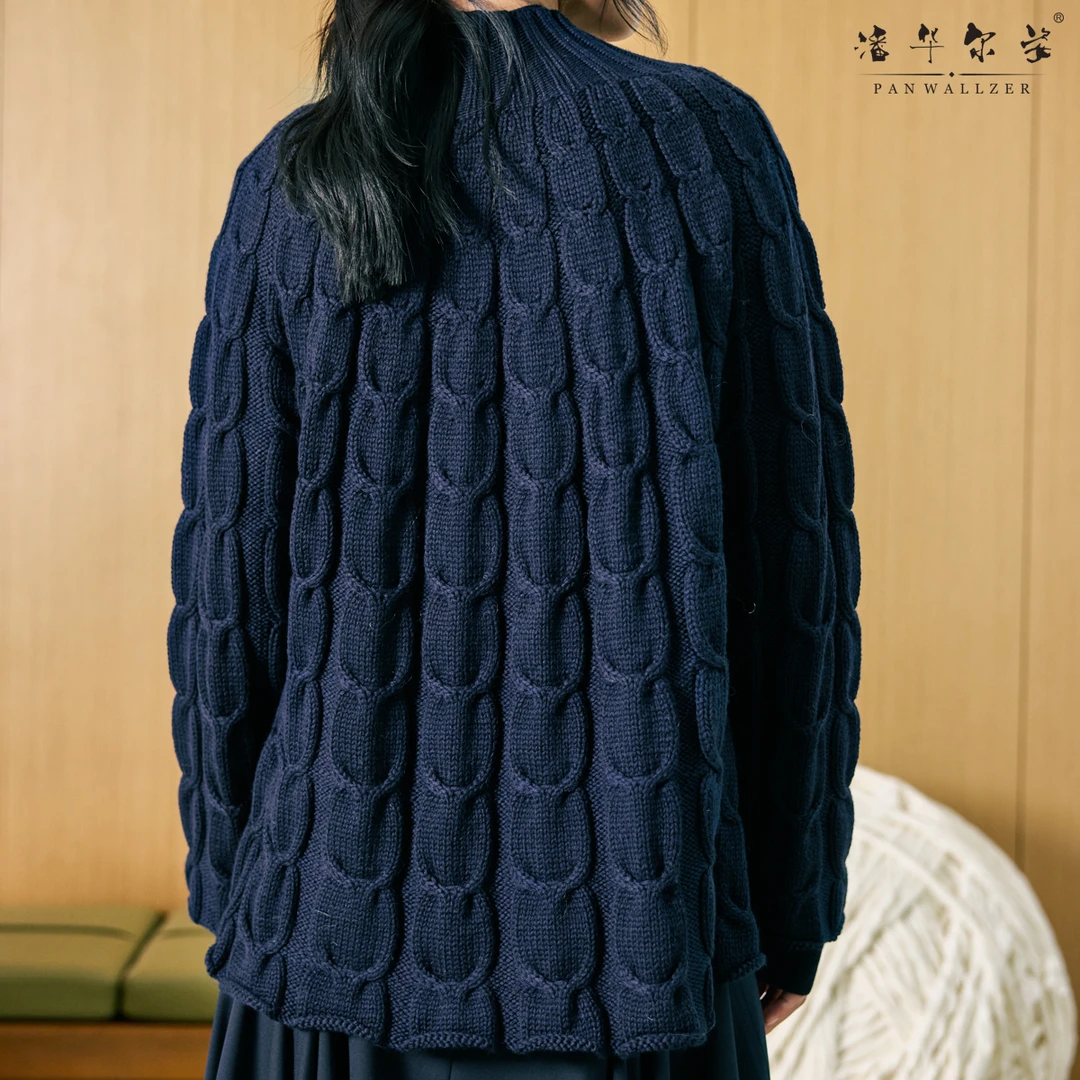潘华尔姿高端渐变麻花宽松高领长袖套头羊毛时尚保暖手工编织定制