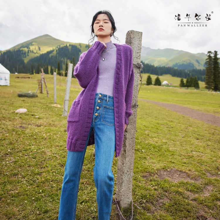 潘华尔姿高端定制手工编织毛衣中长款开衫外套加厚粗针V领秋冬新