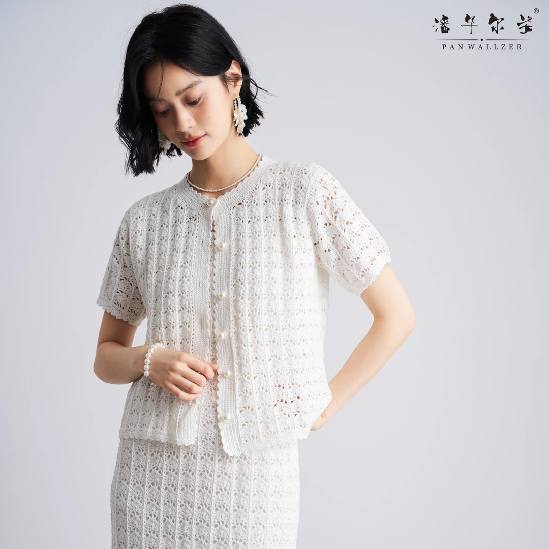 潘华尔姿原创手工钩针高端气质镂空背心裙短袖开衫两件套装裙定制