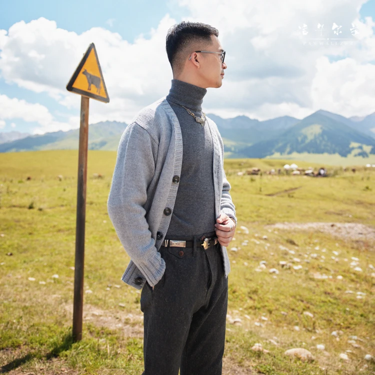 秋冬新款毛衣小哥家纯手工编织毛衣男装平针宽松简约开衫外套定制