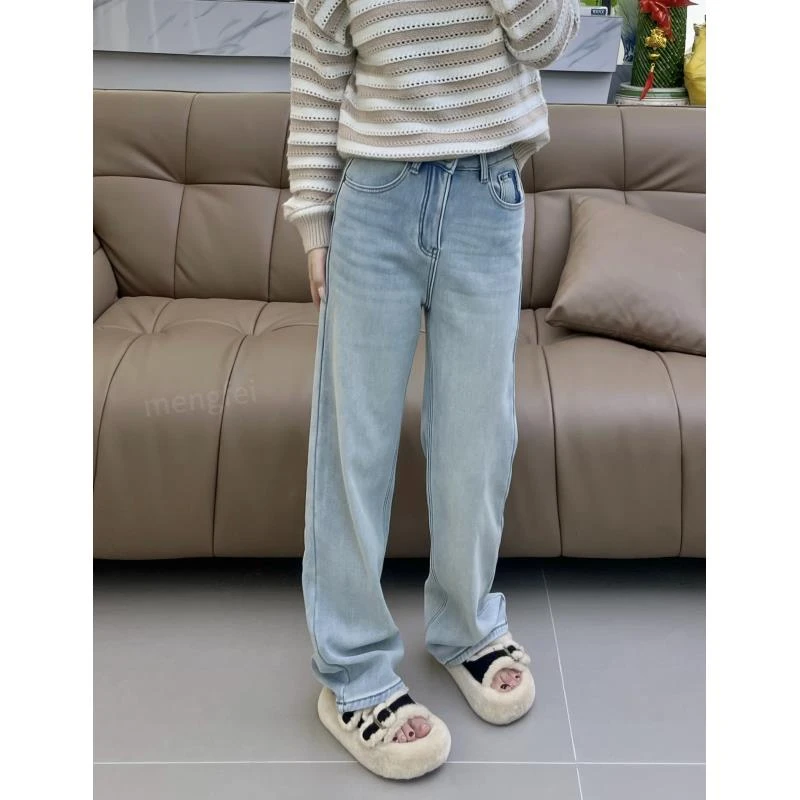 WANTHAT/凡黛卡加绒时尚高腰显瘦直筒裤女百搭牛仔阔腿长裤31721