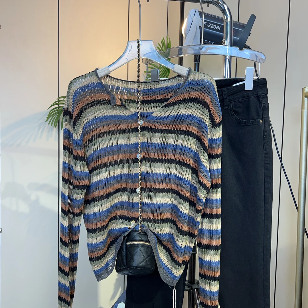 B3812长袖针织衫2024新款显瘦气质时尚休闲百搭条纹圆领外穿上衣