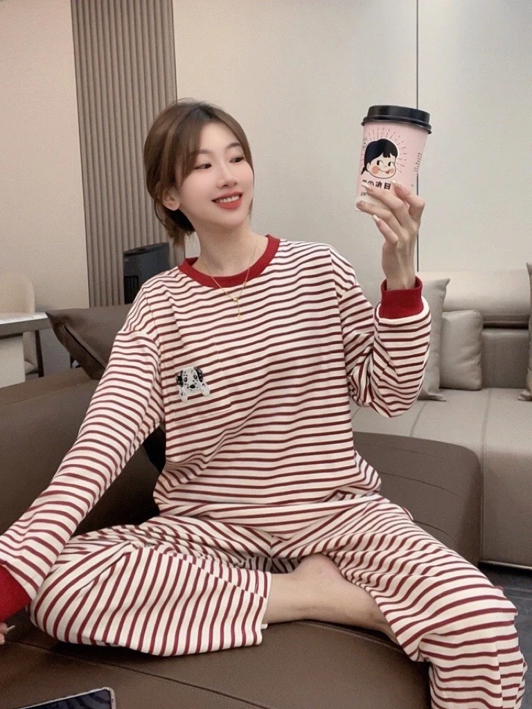 秋冬女士长袖长裤带胸垫睡衣条纹家居服可外穿