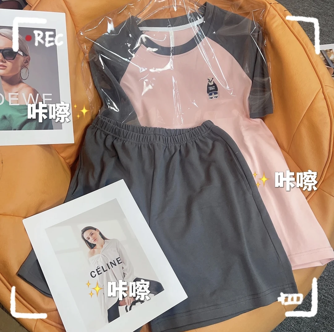 品牌女士短袖长裤(送短裤)睡衣休闲套装AB粉色小熊【拍1发3】6604