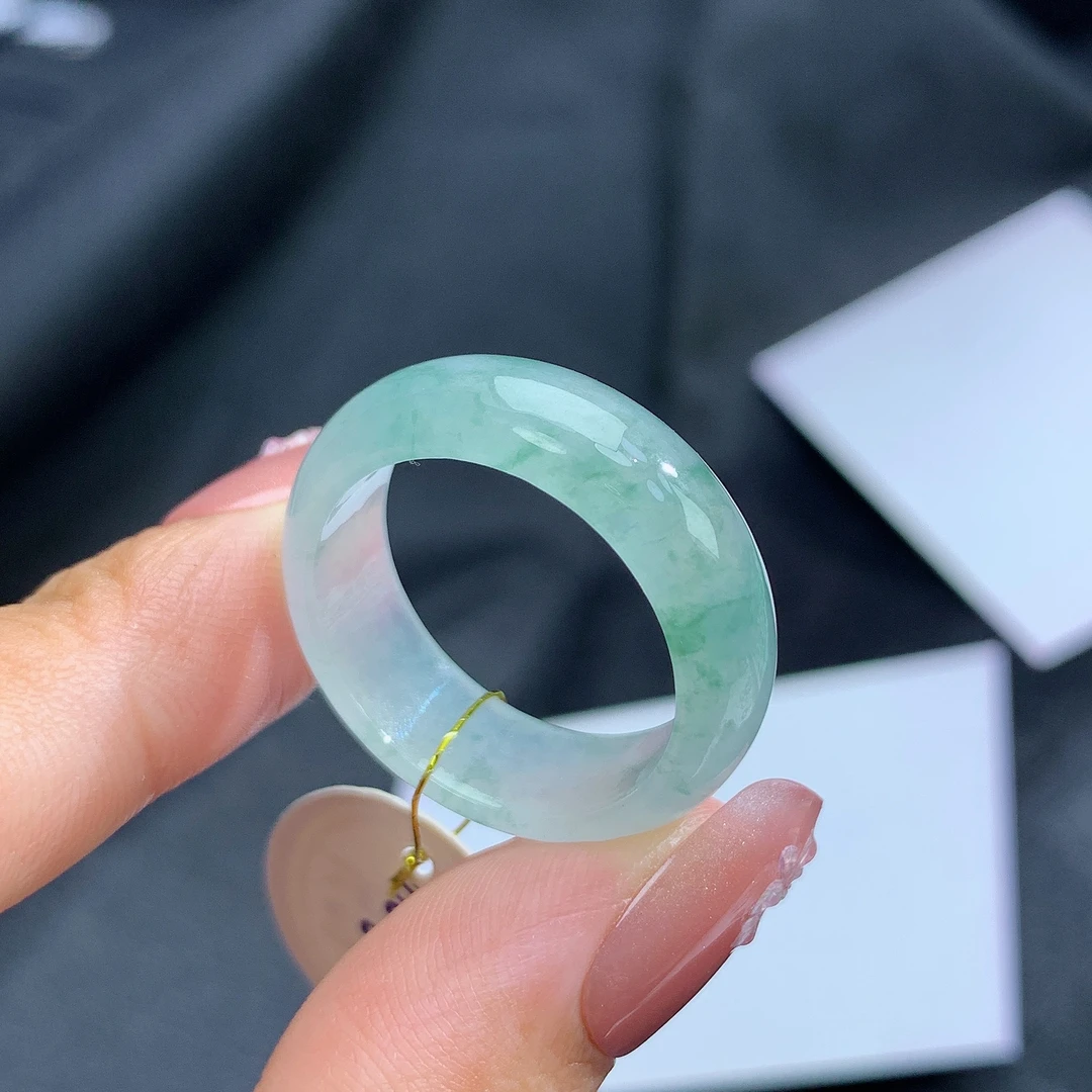 23-24号圈天然缅甸翡翠A货飘花翡翠戒指20.4-8-3.5mm