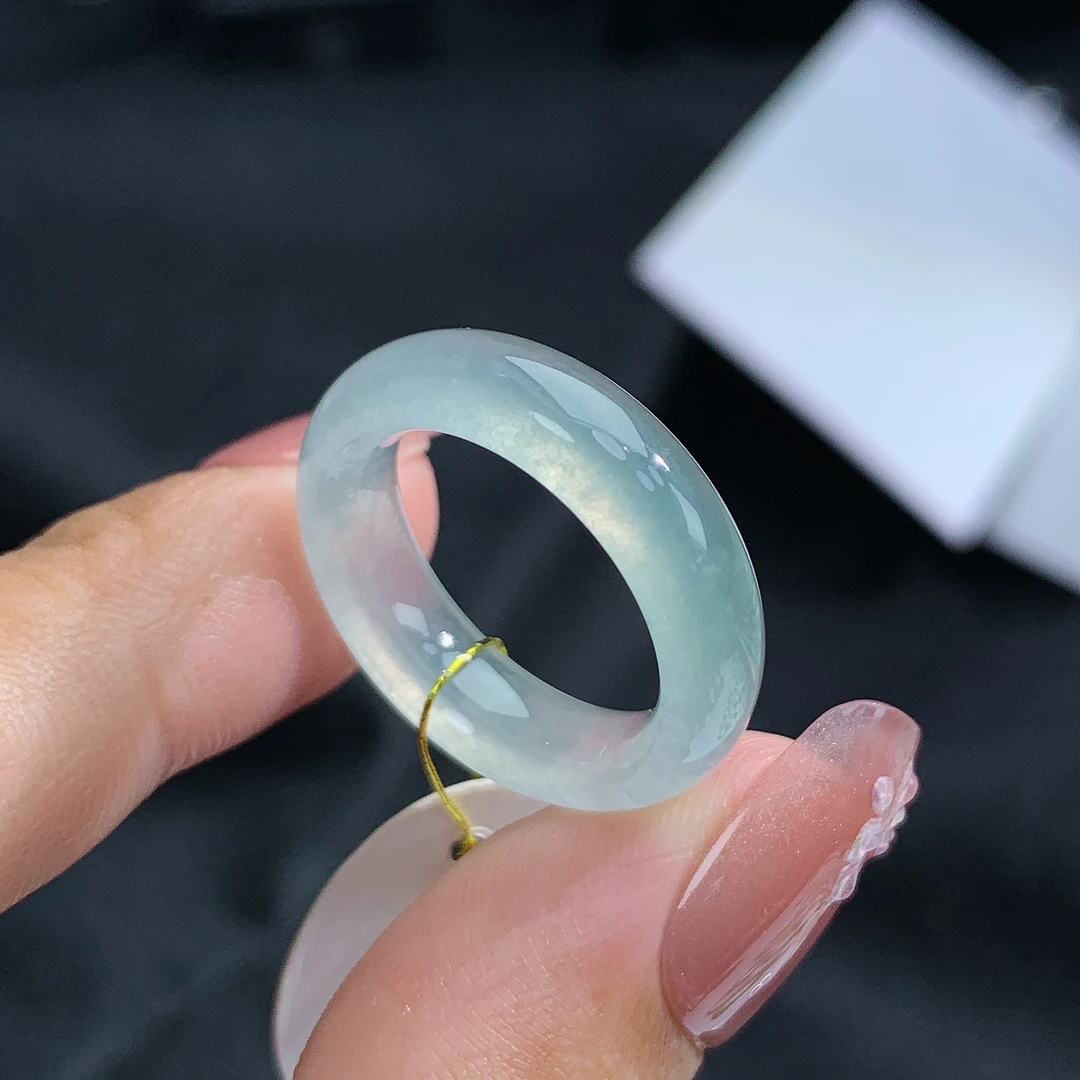 12号圈天然缅甸翡翠A货白冰翡翠戒指16.5-5.9-3.7mm