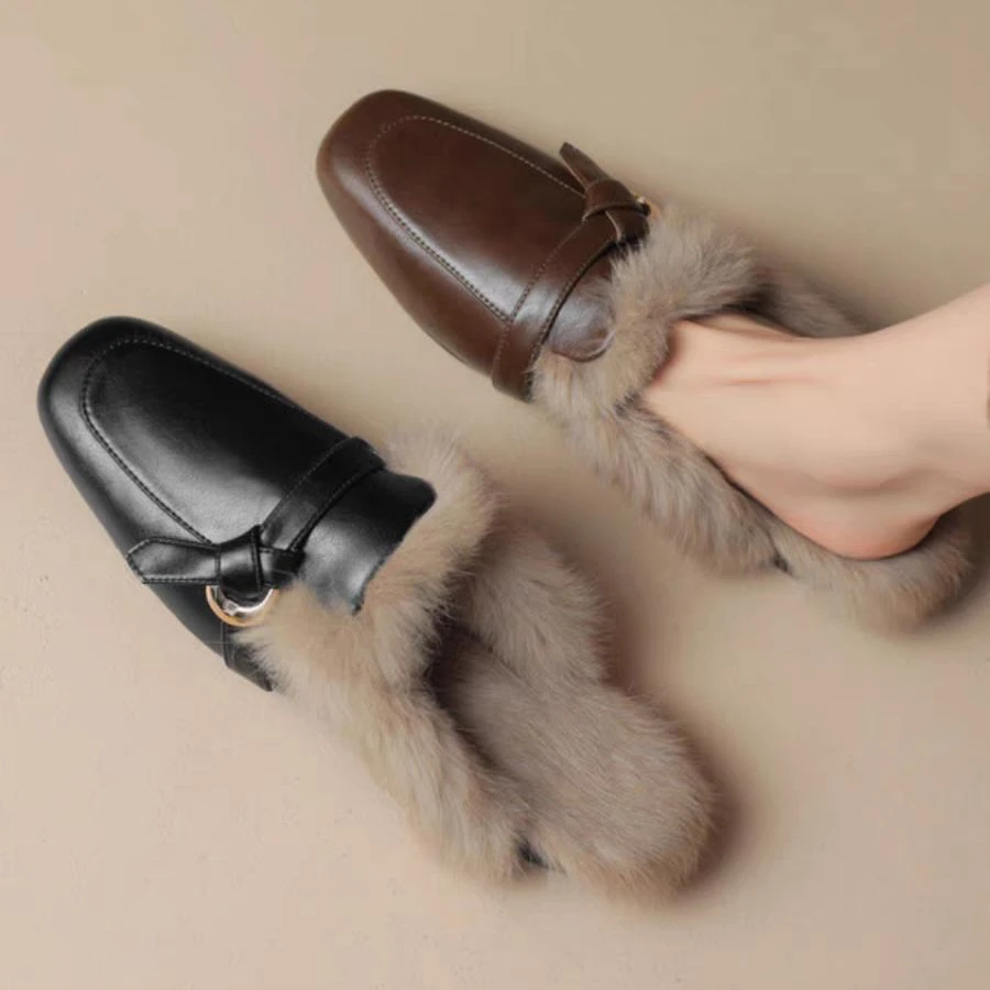 韩版毛毛鞋女秋冬季英伦风复古包头半拖鞋外穿甜美平底穆勒鞋