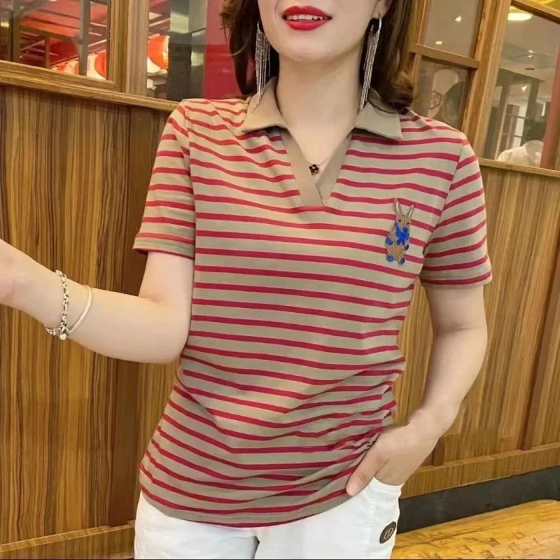 POLO衫条纹百搭V领T恤女夏季新款宽松洋气大码女装减龄翻领打底衫