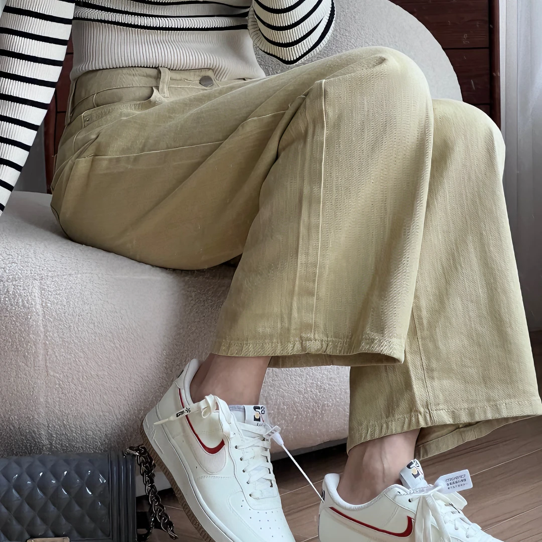 A01透气百搭设计师阔腿裤时尚直筒高腰牛仔裤