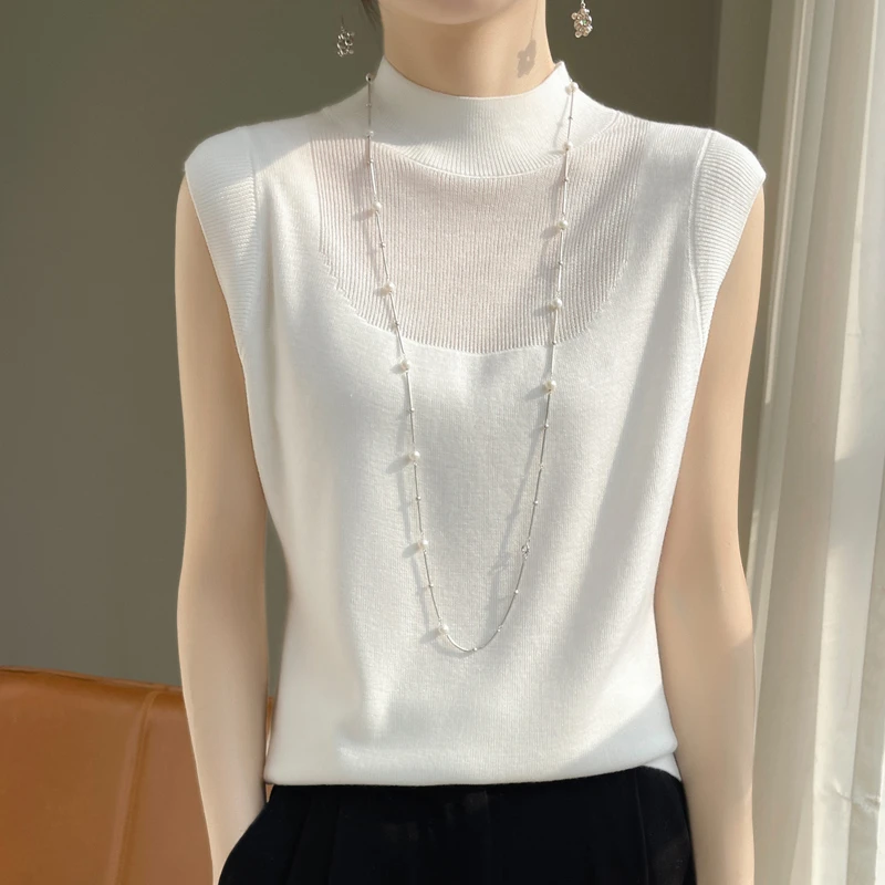 8405精纺针织半高领镂空设计感打底衫春秋新款无袖内搭气质上衣女