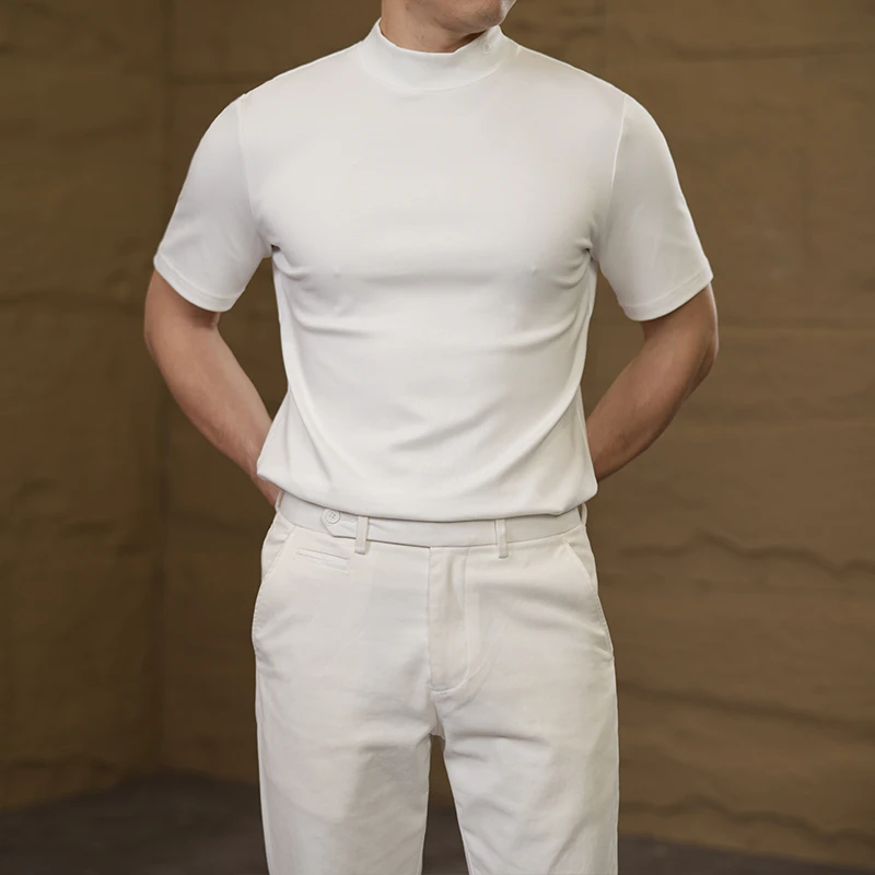 潮流男士夏季修身半高领短袖T恤纯色青年休闲中领弹力