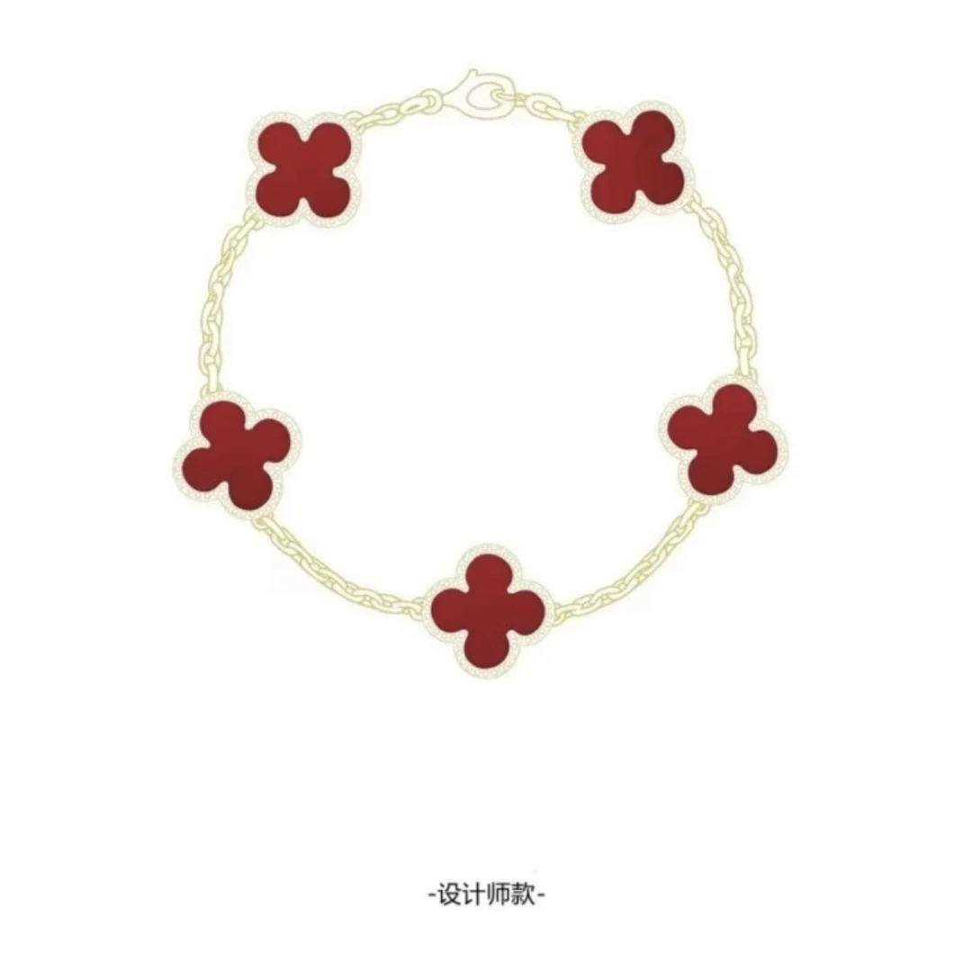 钛钢手链 轻奢气质时尚设计师五花手链高定双面红白四叶草手链312