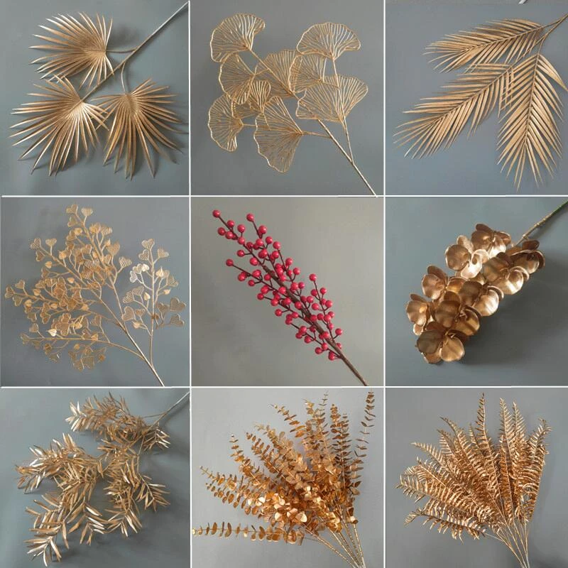婚礼金色仿真花材新年福桶插花尤加利金叶子冬青红果客厅装饰摆件