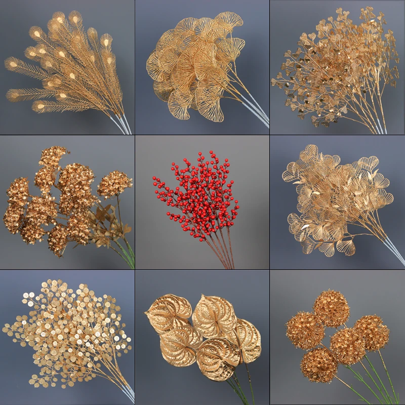 金色系仿真花新年福桶插花摆件尤加利冬青红果婚礼堂花材金小扇叶