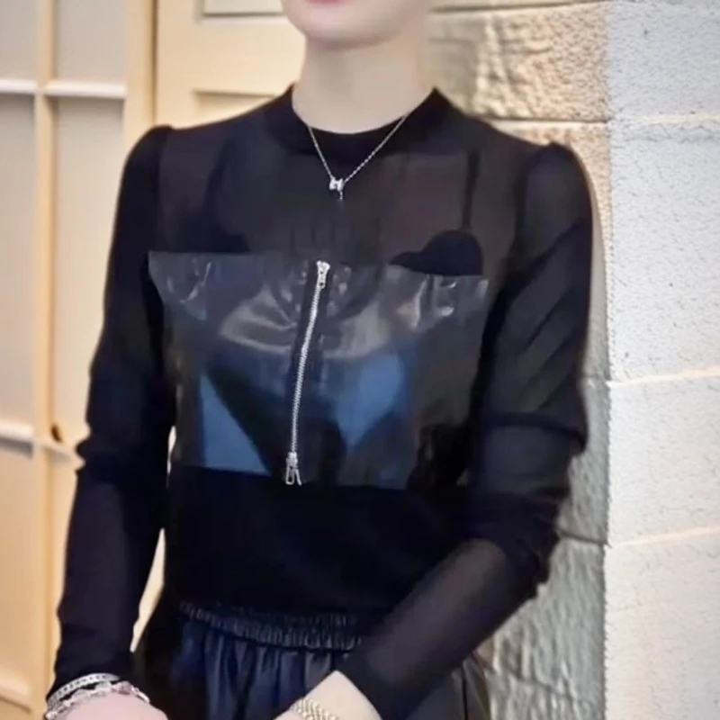 【锦衣服饰】嘉3716设计蕾丝拼皮百搭显瘦长袖打底衫