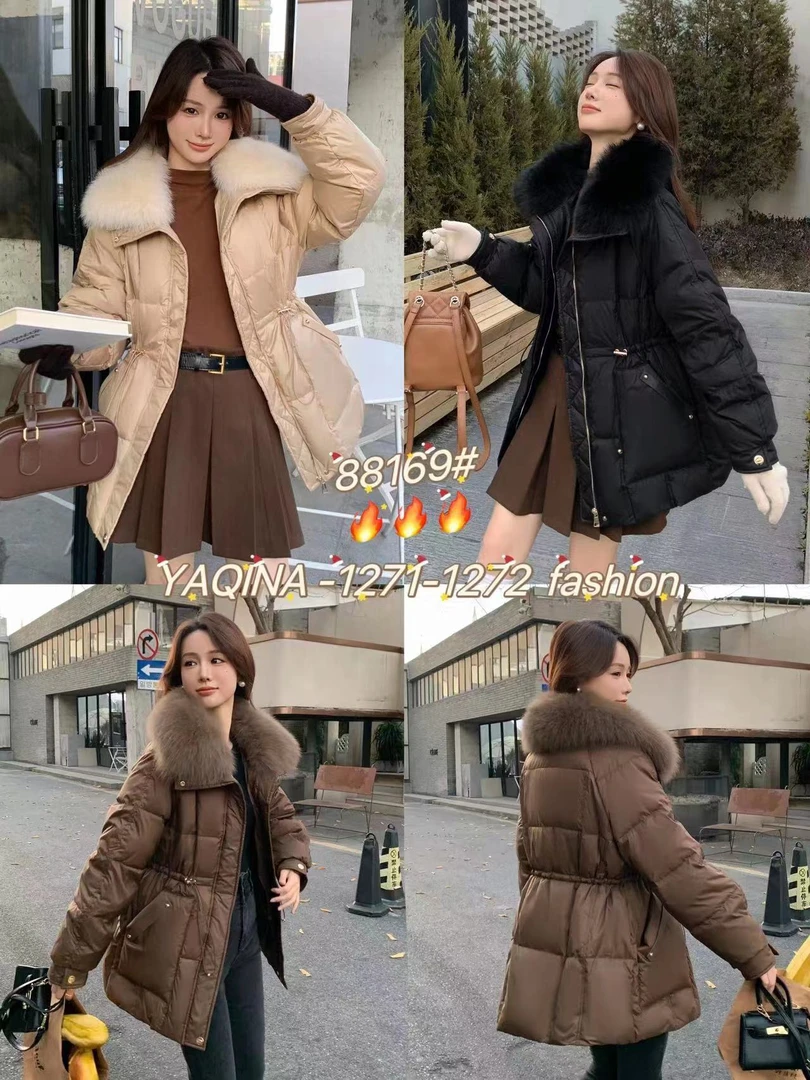 【锦衣服饰】雅88169大毛领中长款收腰羽绒服