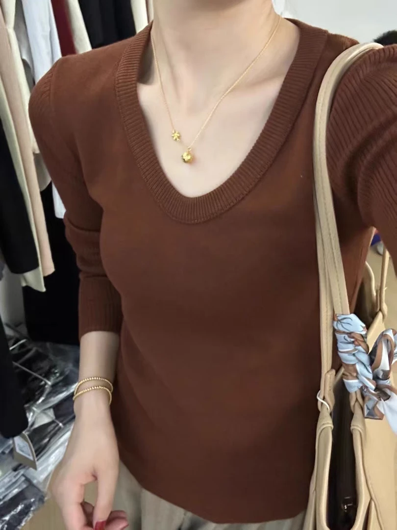 【锦衣服饰】1021 U领时尚百搭纯色长袖针织衫