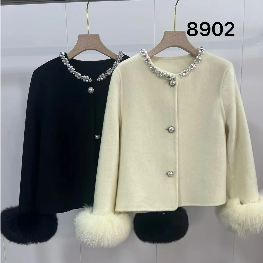 【锦衣服饰】8902重工毛袖双面羊毛小香风大衣