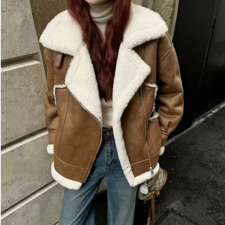 【锦衣服饰】X 818设计感拼接皮毛一体机车服