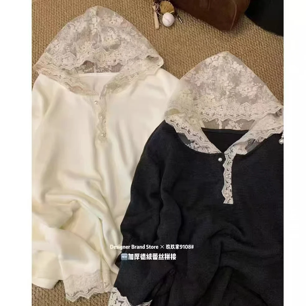 【锦衣服饰】N 2930蕾丝帽拼接德绒加厚帽衫