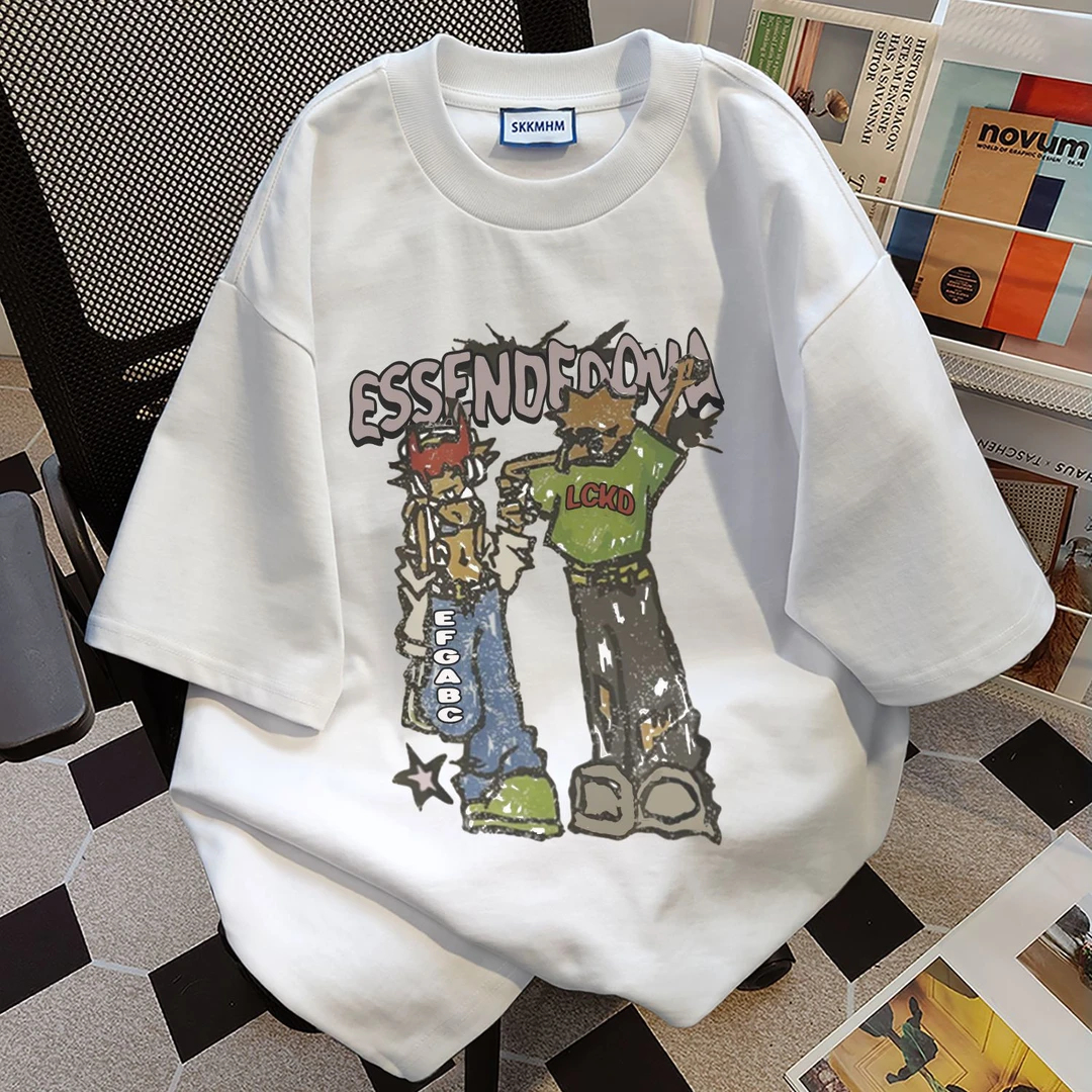 100%纯棉韩版设计字母印花短袖t恤男夏季oversize宽松半袖上衣女