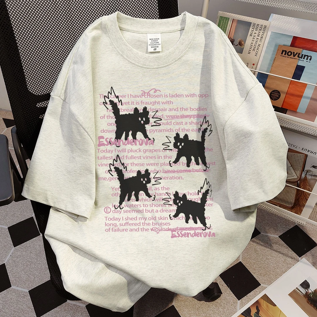 100%纯棉美式小猫印花短袖t恤女夏季宽松休闲潮牌设计感小众上衣