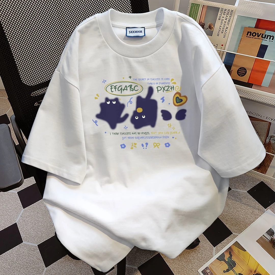 100%纯棉小众设计感卡通字母印花短袖特色极简t恤女夏季宽松上衣