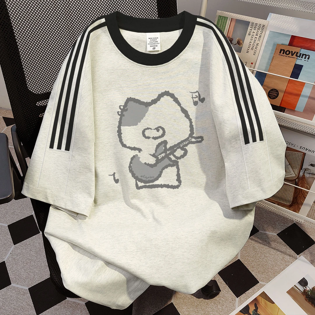 100%纯棉夏季宽松显瘦t恤个性卡通印花三条杠潮流短袖百搭上衣ins