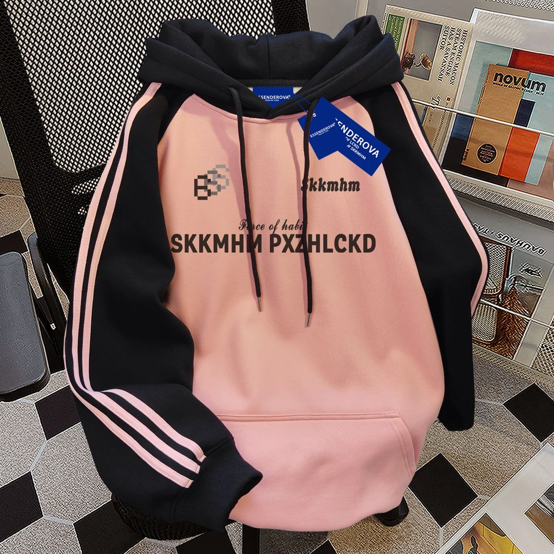 慵懒小众复古韩版设计感三条杠拼接连帽卫衣女秋冬加绒中长款上衣