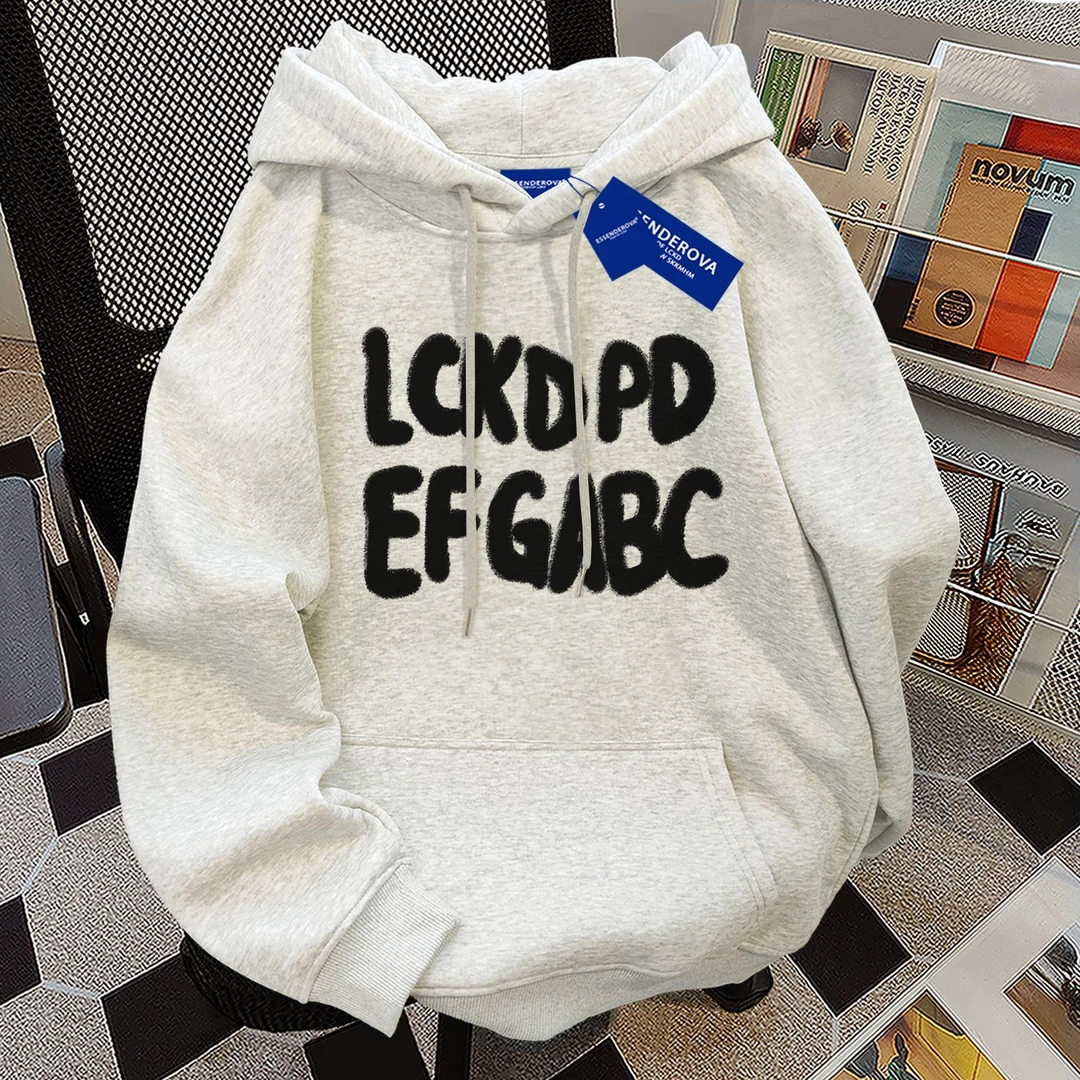 小众复古韩版高街ins涂鸦字母印花纯色连帽卫衣男女秋冬加绒上衣