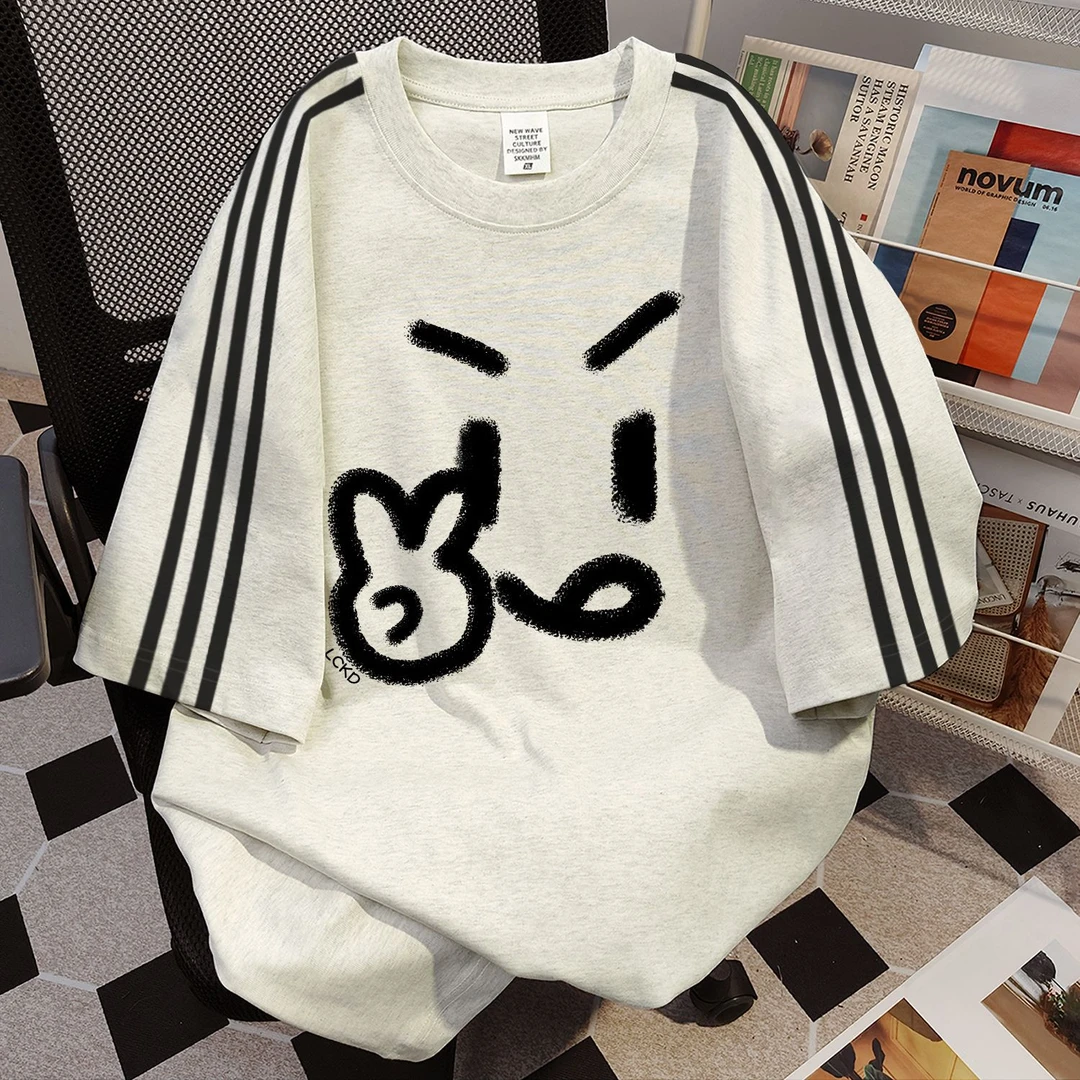 100%纯棉小众设计爆款三条杠短袖t恤夏季新款时尚通勤情侣上衣ins