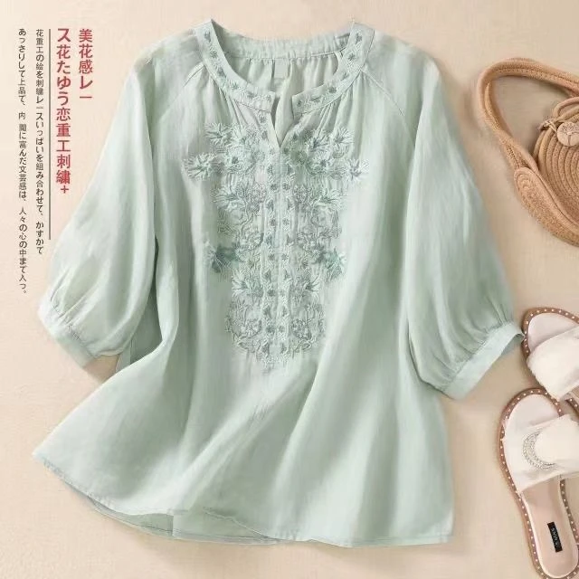 【退换包运费】新款纯色夏季复古刺绣棉麻半袖文艺宽松上衣V308