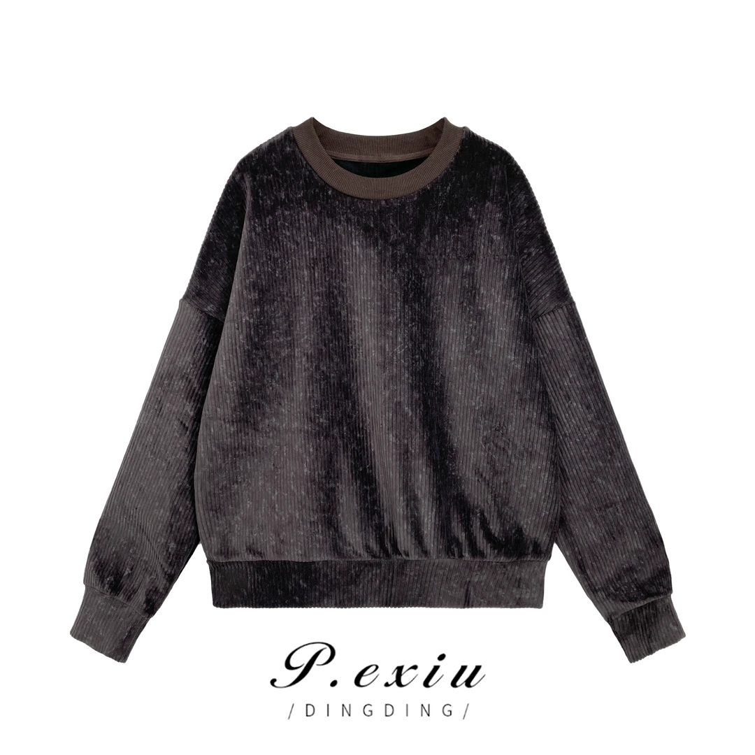 PanYiXiu/潘依绣冬季新款简约宽松百搭竖坑条圆领卫衣 K3156