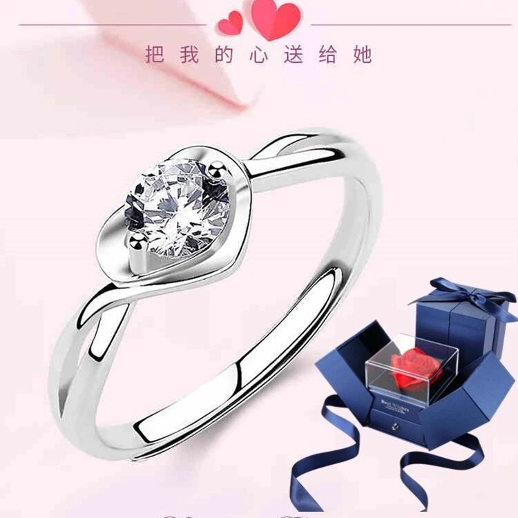 老凤凰纯银戒指 999纯银莫桑石心形戒指纯银求婚表白钻戒结婚送