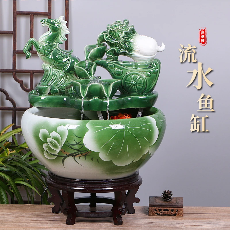 景德镇陶瓷摆件鱼缸流水喷泉家用鱼缸大号客厅加湿开业