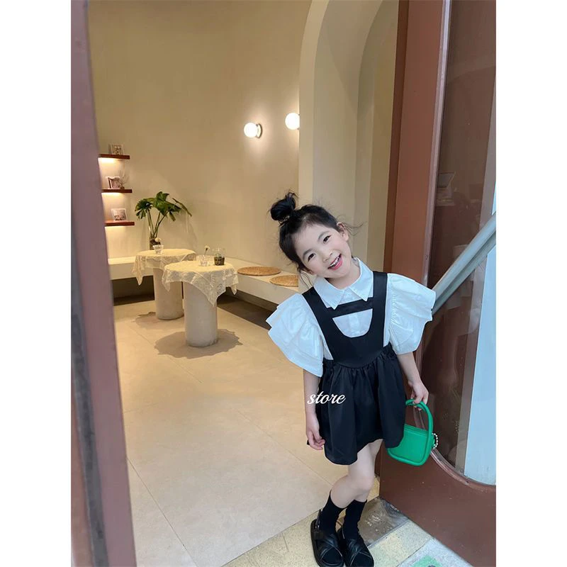 女童夏装套装2025新款儿童洋气飞袖衬衫小女孩赫本风背带裙两件套