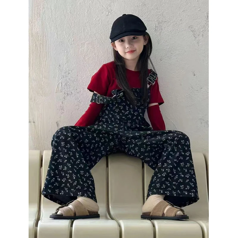 童装女童套装2025春秋新款儿童洋气春装时髦牛仔阔腿背带裤两件套