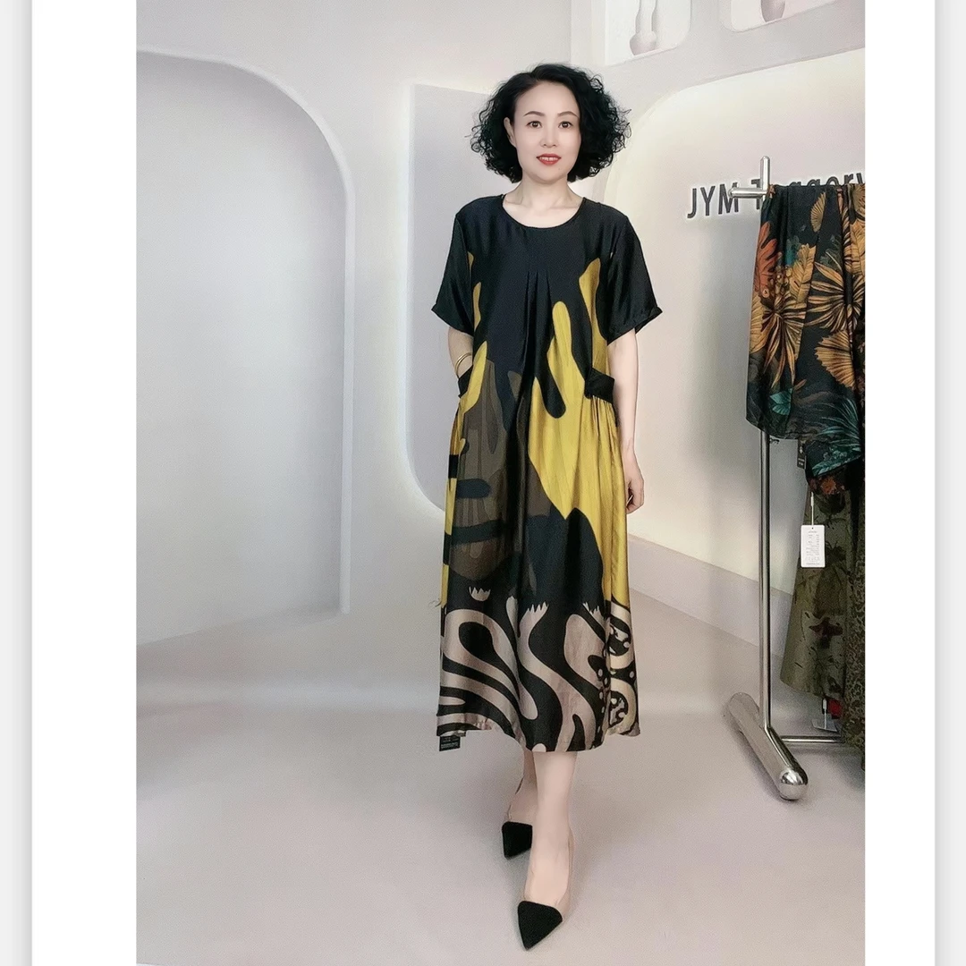 JYM［主播推荐］夏季新款 洋气显瘦穿搭 撞色圆领中长款连衣裙