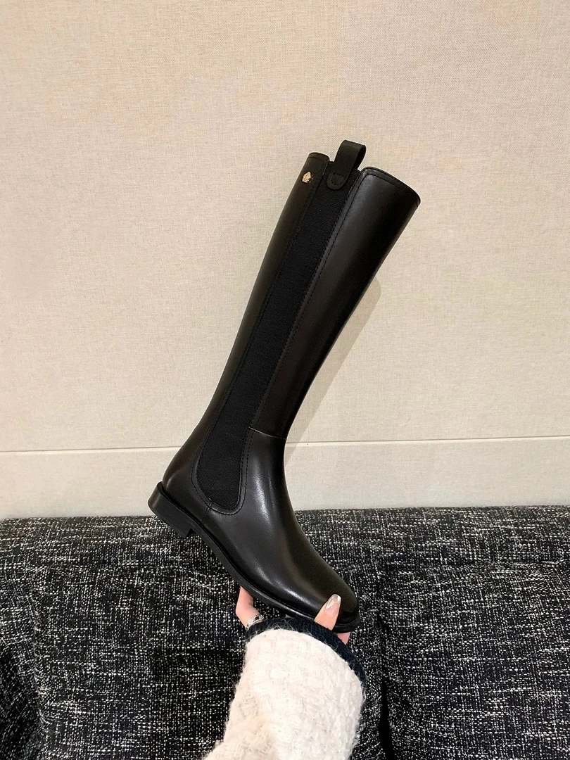 小香风真皮黑色软皮厚底靴女新款平底高筒尖头靴高跟长靴高筒靴