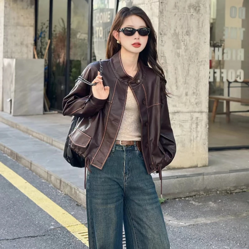 时髦气质立领短款风衣外套女秋装新款抽绳高级感通勤皮衣夹克