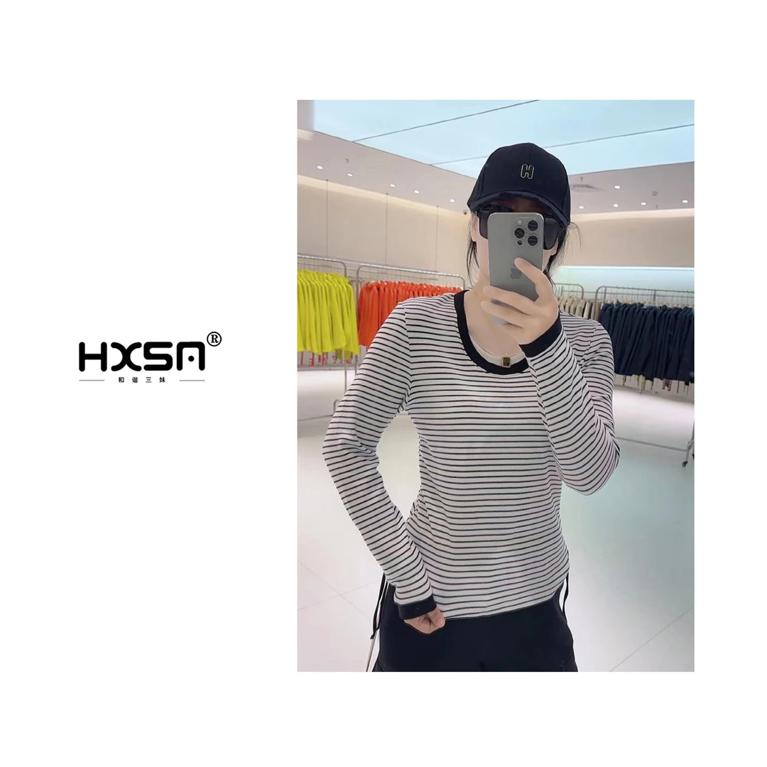 (现)HXSM「温柔似风」秋款条纹扛把子气质百搭新潮打底衣6215